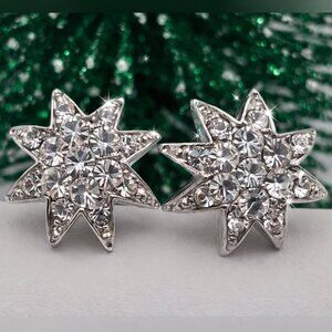 Silver-Tone Starburst Crystal Stud Earrings Celestial Sparkle NWOT Bridal